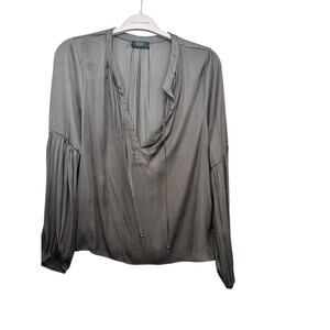 Reset Women's Black Tie Front Satin Popover Blouse Top Size Large